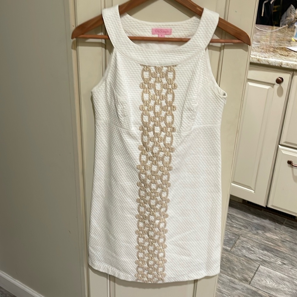 Lilly Pulitzer Jacqueline Shift Dress white with gold trim size 0 zero